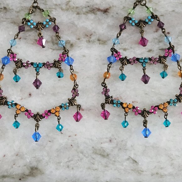 RARE VINTAGE SORRELLI FLOWER FLORAL CRYSTAL DROP DANGLE CHANDELIER EARRINGS - Picture 5 of 13